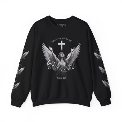 Christian Crewneck Sweatshirt – Psalm 95:1 Angel Wings Cross Music Design