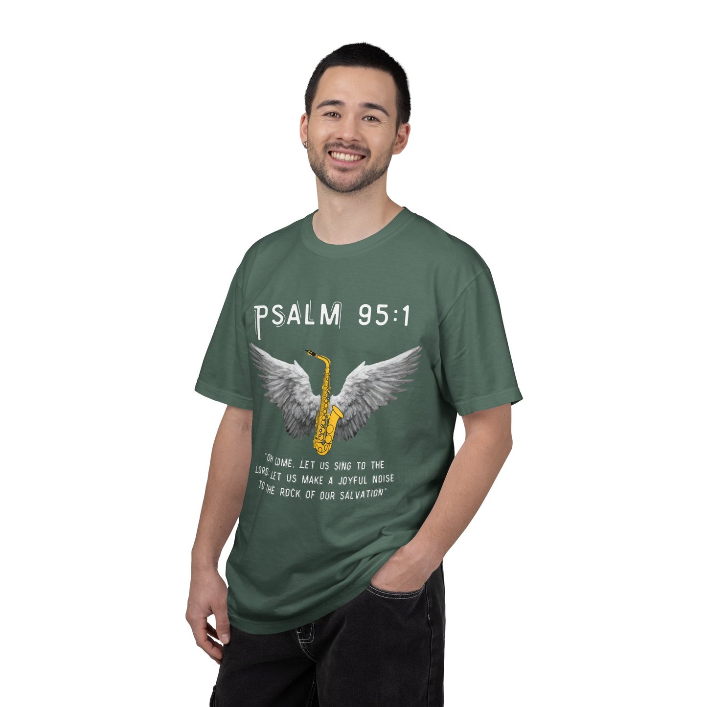 Christian T‑Shirt Psalm 95:1 Saxophone Wings — 'O Come, Let Us Sing' Worship Tee