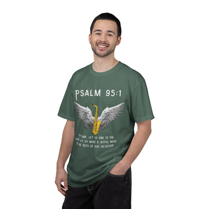 Christian T‑Shirt Psalm 95:1 Saxophone Wings — 'O Come, Let Us Sing' Worship Tee