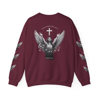 Christian Crewneck Sweatshirt – Psalm 95:1 Angel Wings Cross Music Design