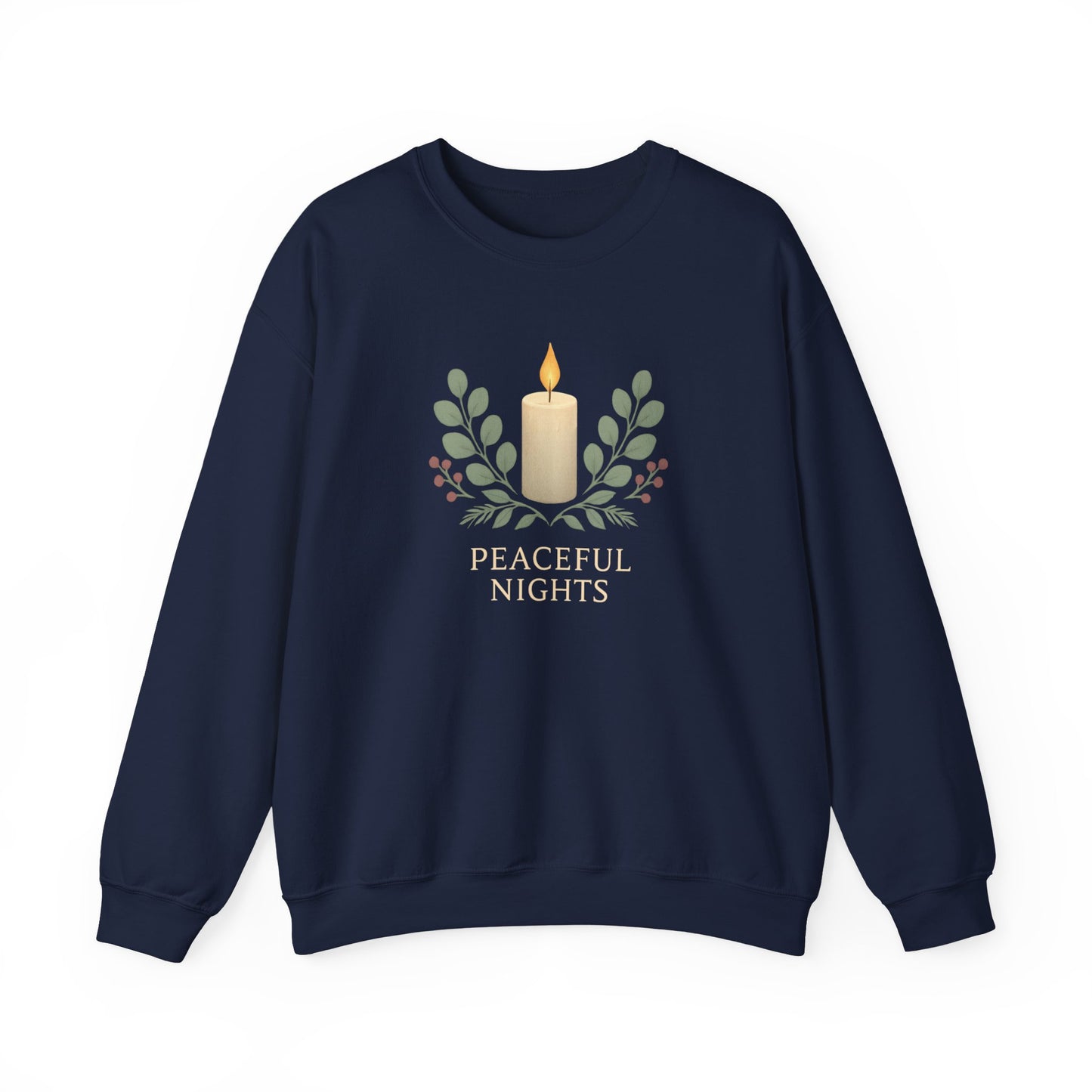 Peaceful Nights Neutral Scandinavian Christmas Crewneck Sweatshirt — Cozy Hygge Holiday Sweatshirt