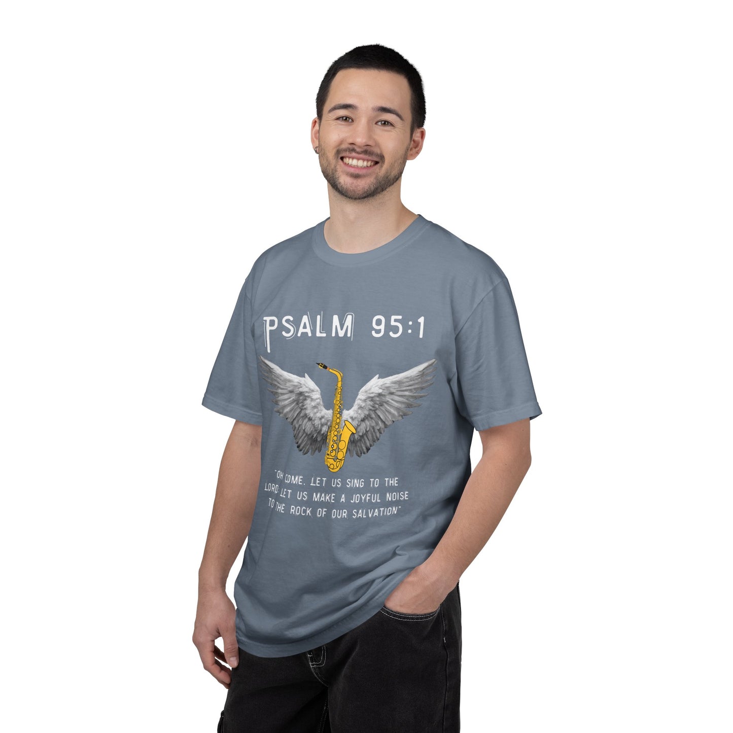 Christian T‑Shirt Psalm 95:1 Saxophone Wings — 'O Come, Let Us Sing' Worship Tee