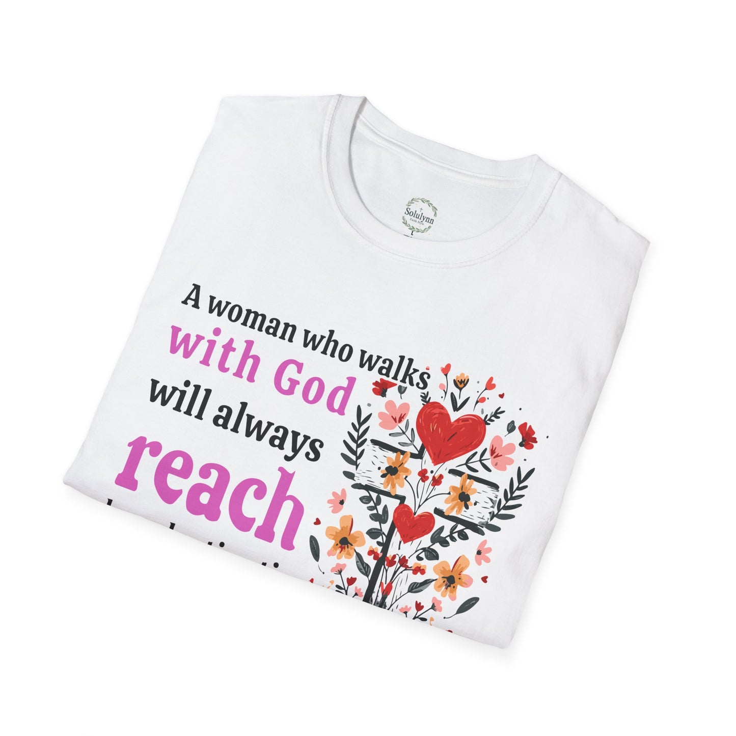 Christian Women’s Inspirational T-Shirt — “A woman who walks with God will always reach her destination” Floral Faith Tee