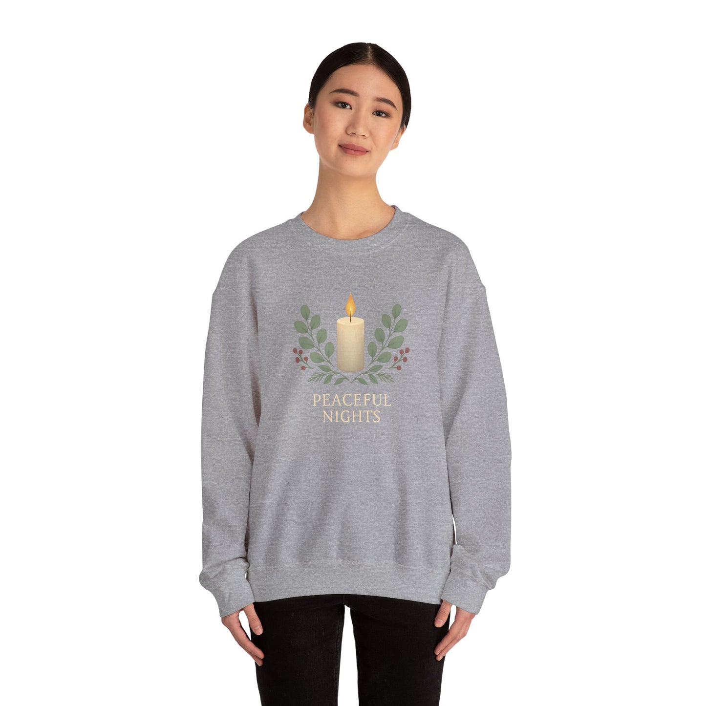 Peaceful Nights Neutral Scandinavian Christmas Crewneck Sweatshirt — Cozy Hygge Holiday Sweatshirt