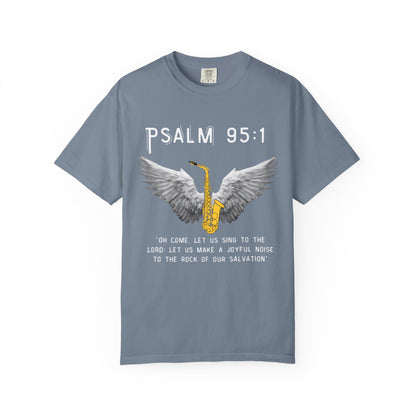 Christian T‑Shirt Psalm 95:1 Saxophone Wings — 'O Come, Let Us Sing' Worship Tee