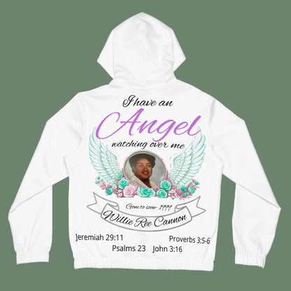 This is not a basic hoodie. It is a full all-over memorial keepsake designed with artwork across the front, back  — created to honor love that did not end.Memorial Hoodie - "I Have an Angel Watching Over Me" Personalized Tribute