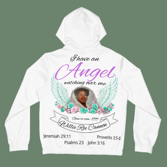 This is not a basic hoodie. It is a full all-over memorial keepsake designed with artwork across the front, back  — created to honor love that did not end.Memorial Hoodie - "I Have an Angel Watching Over Me" Personalized Tribute