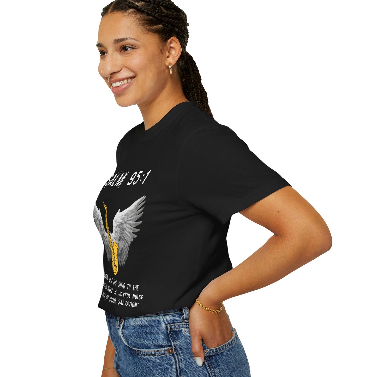 Christian T‑Shirt Psalm 95:1 Saxophone Wings — 'O Come, Let Us Sing' Worship Tee