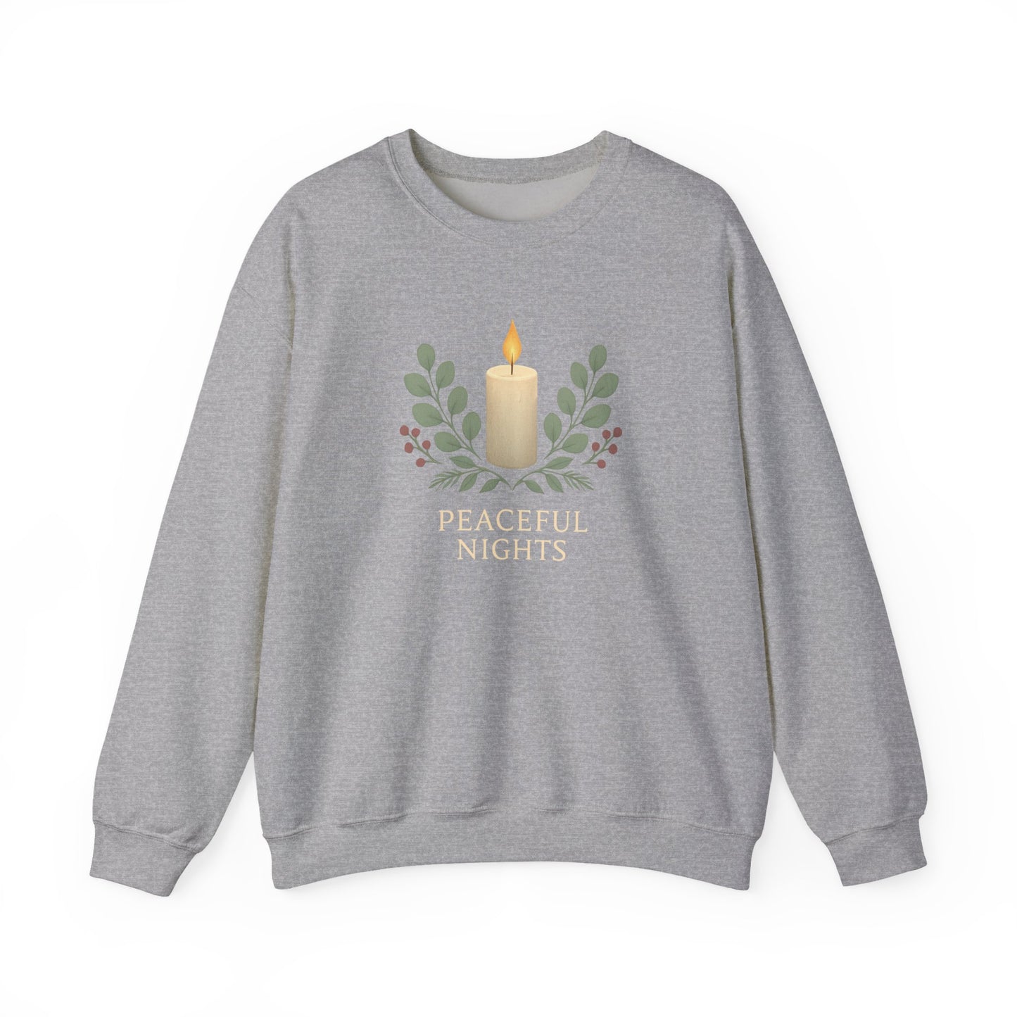 Peaceful Nights Neutral Scandinavian Christmas Crewneck Sweatshirt — Cozy Hygge Holiday Sweatshirt