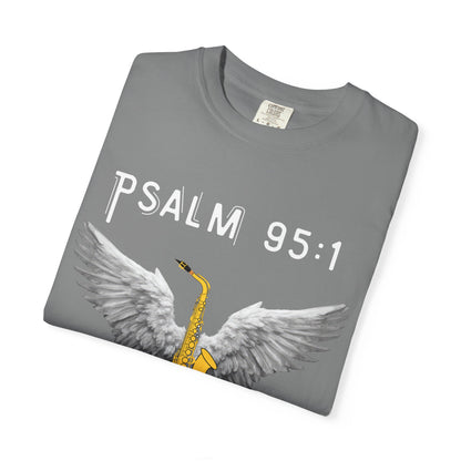 Christian T‑Shirt Psalm 95:1 Saxophone Wings — 'O Come, Let Us Sing' Worship Tee