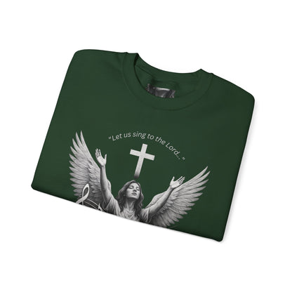 Christian Crewneck Sweatshirt – Psalm 95:1 Angel Wings Cross Music Design