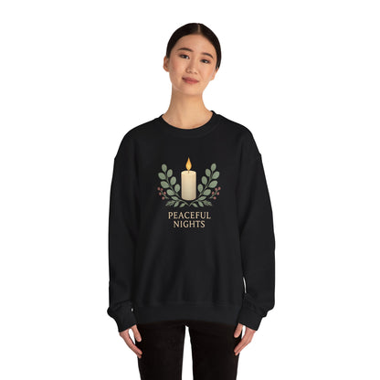 Peaceful Nights Neutral Scandinavian Christmas Crewneck Sweatshirt — Cozy Hygge Holiday Sweatshirt