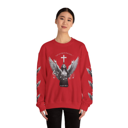 Christian Crewneck Sweatshirt – Psalm 95:1 Angel Wings Cross Music Design