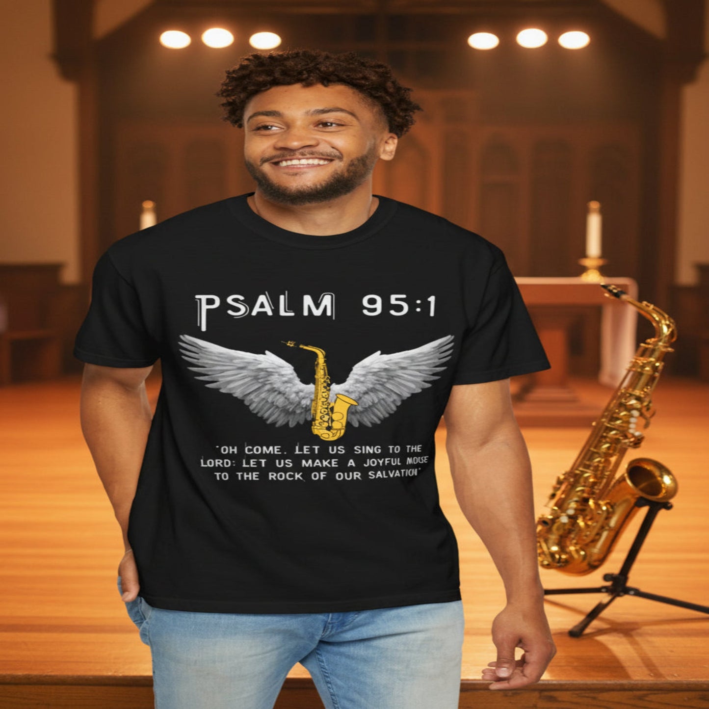 Christian T‑Shirt Psalm 95:1 Saxophone Wings — 'O Come, Let Us Sing' Worship Tee