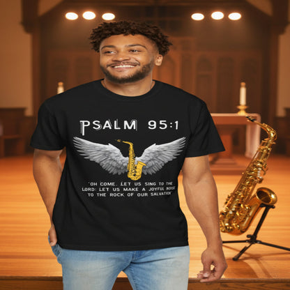 Christian T‑Shirt Psalm 95:1 Saxophone Wings — 'O Come, Let Us Sing' Worship Tee